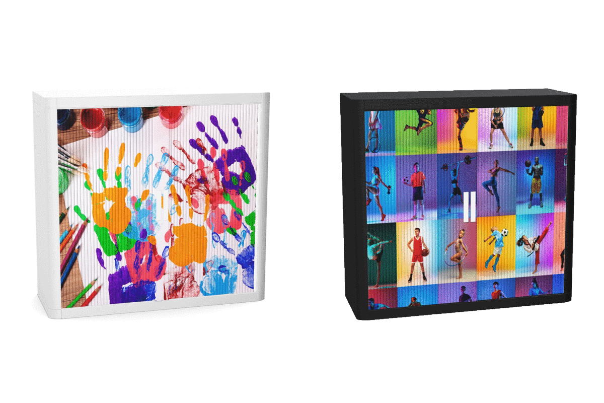 Colourful and bright tambour storage cupboards form our office furniture range . Choose from our curated range or create new