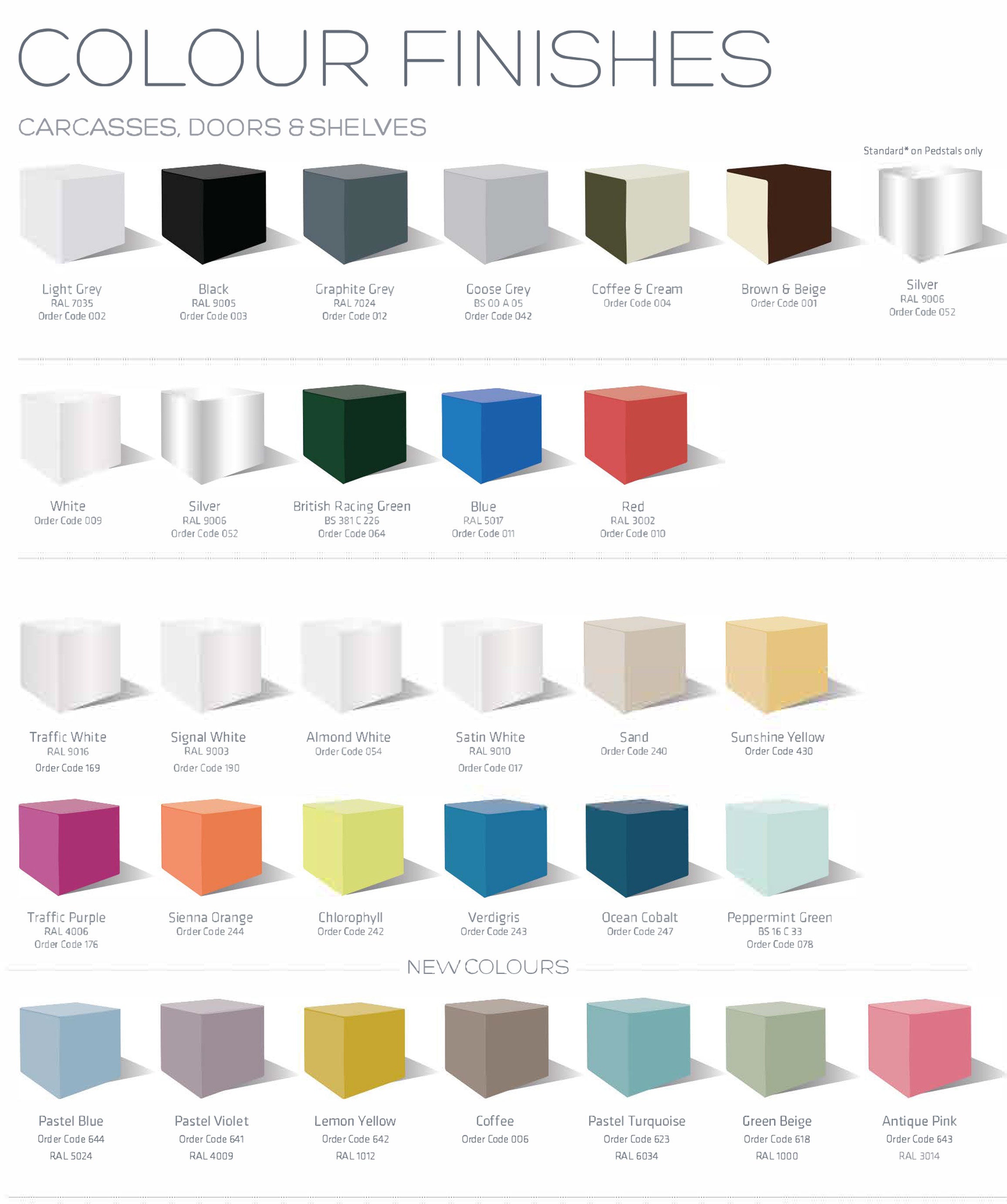 Color finishes chart for carcases, doors, and shelves with various color swatches.