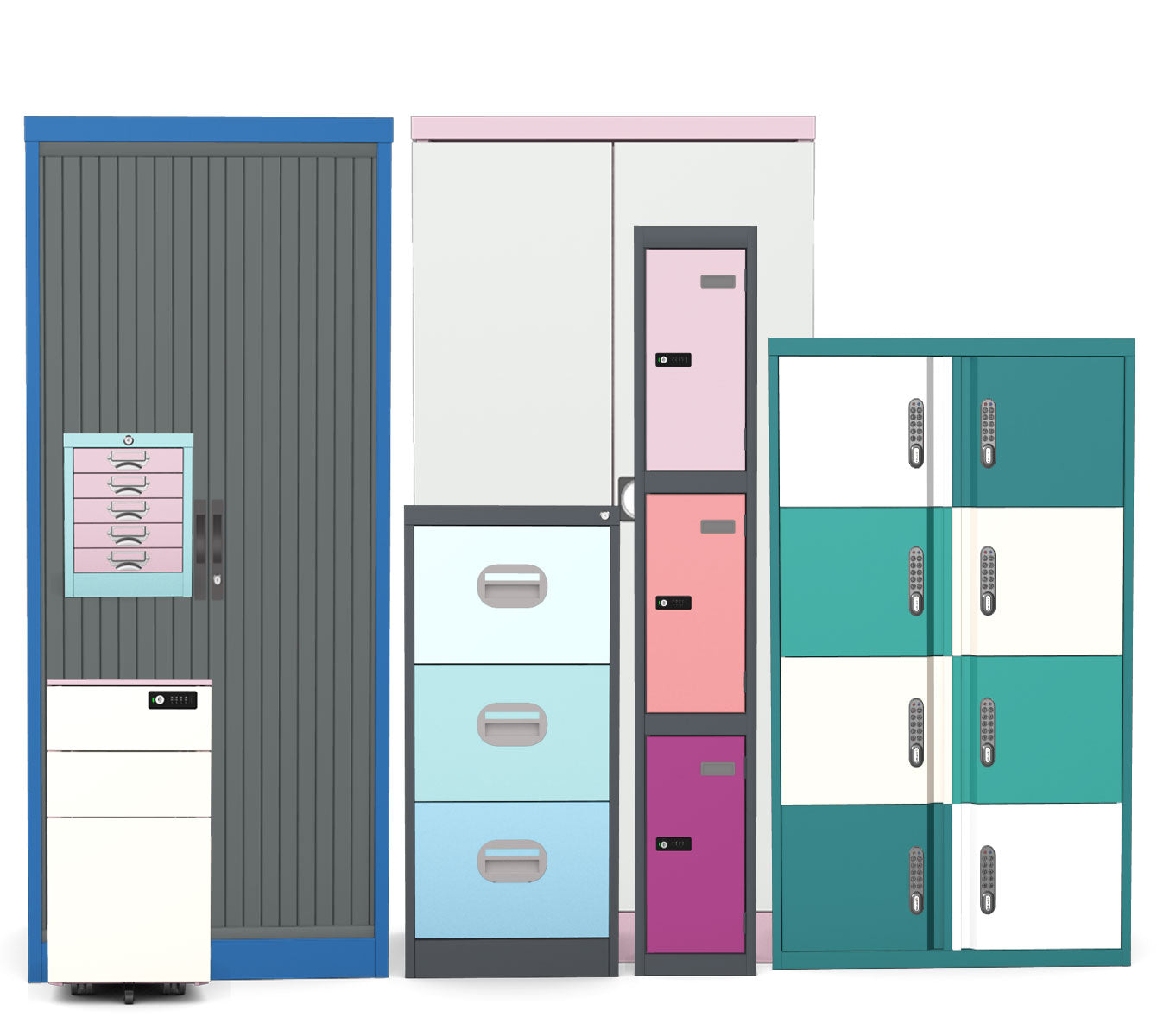 silverline filing cavinet, locker, cupboard, tambour pedestal and multidrawer