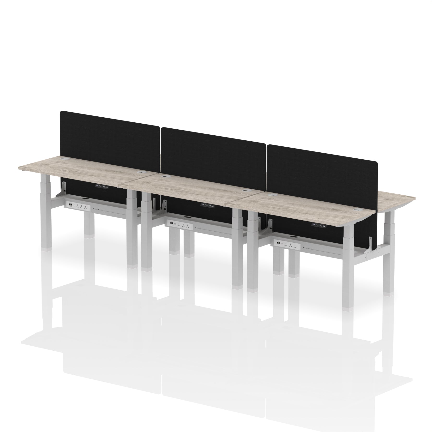 Air Back-to-Back Height Adjustable Bench Desk - 6 Person Black Screen dynamic Desk Top Grey Oak Width 120cm