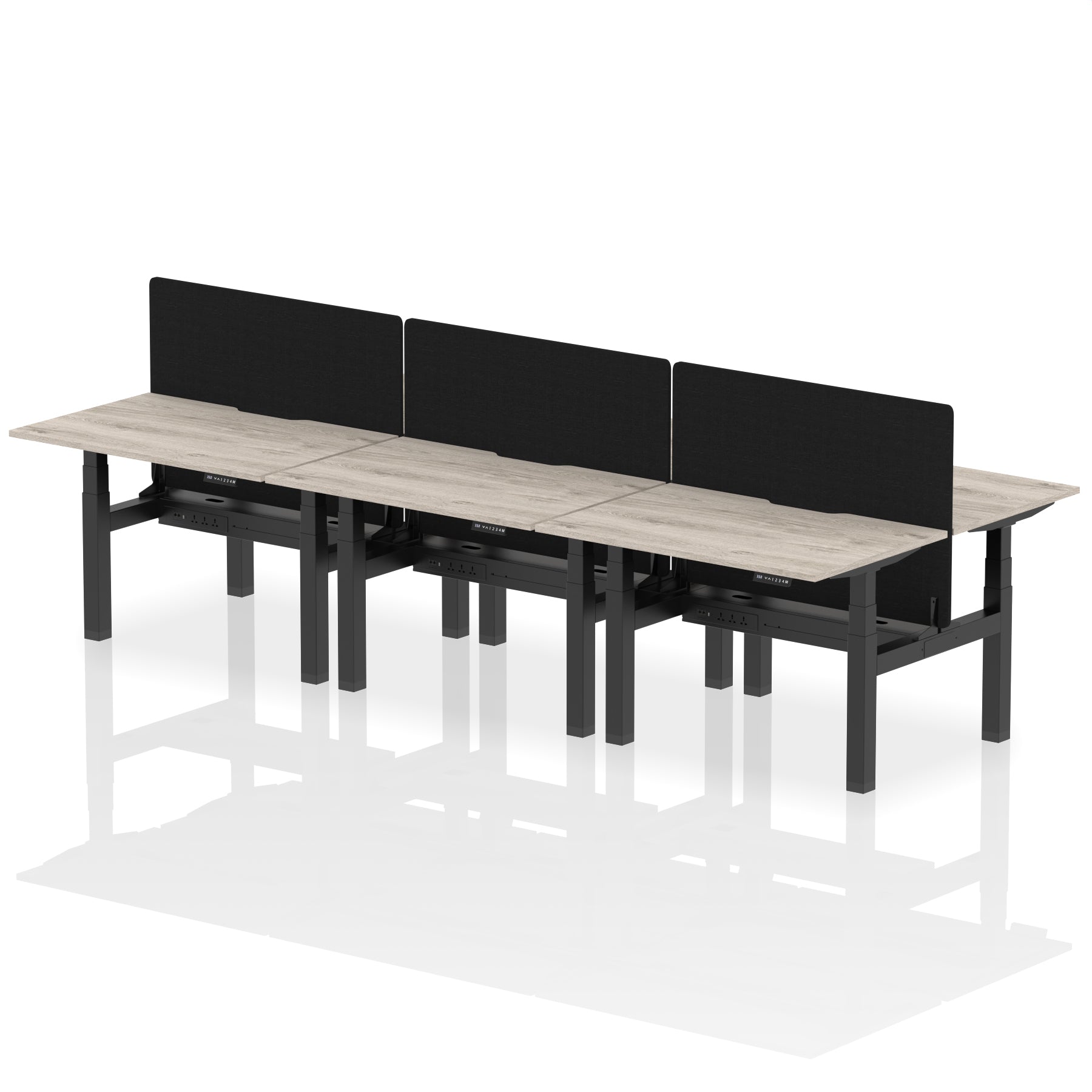 Air Back-to-Back curve Edge Height Adjustable Bench Desk - 6 Person Black Screen dynamic Desk Top Grey Oak Width 120cm