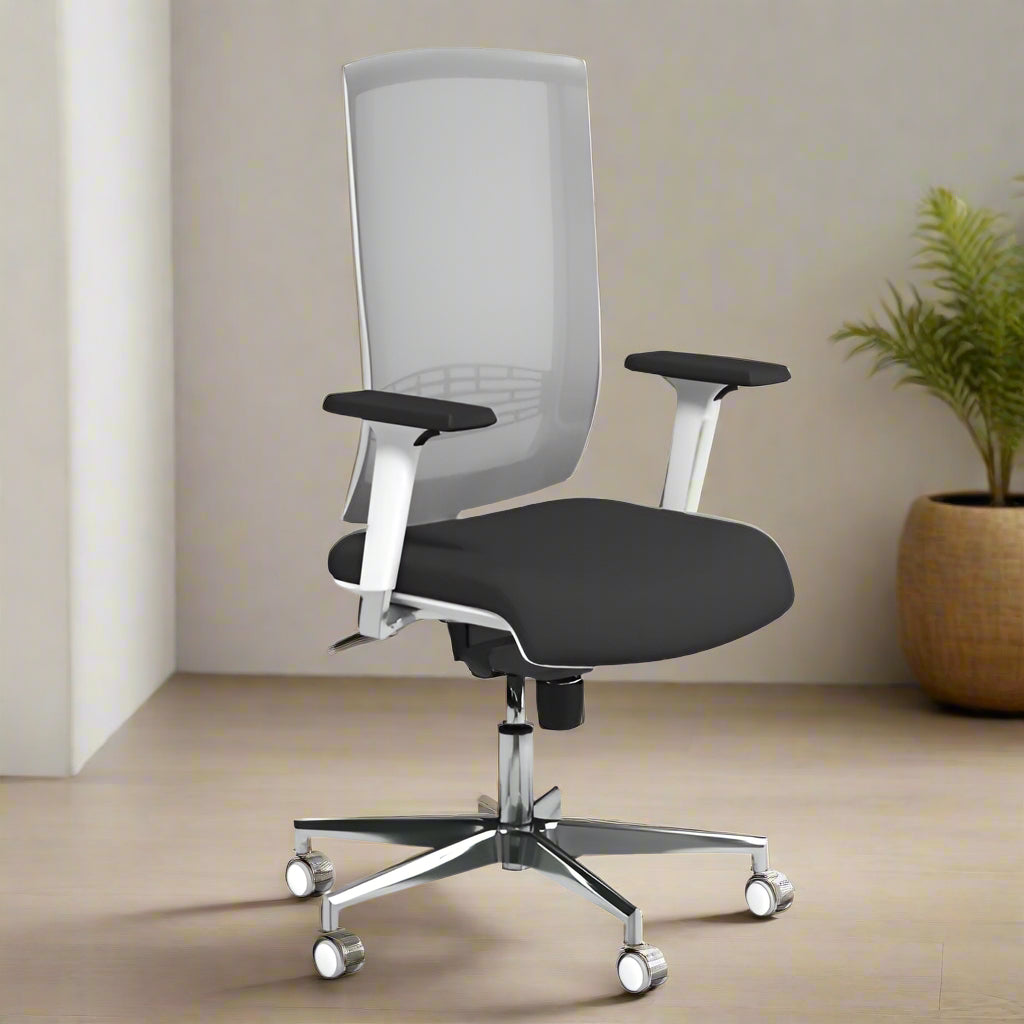 Begin White Chrome Baseumbar Zodiac PUS arms - MS2001 Black Mesh - Evert 2 Office Furniture and Home Remote Working