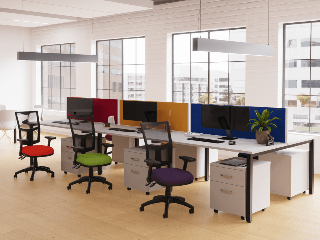 COlourful accessories can change the office space by creating workspaces 