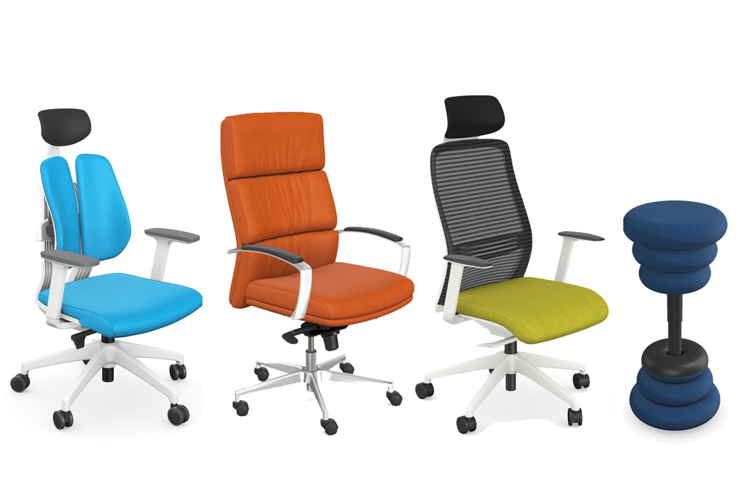 Not just colour chairs, but funky colourful chairs to blend into any workspace. No more black and blue Thats My Office