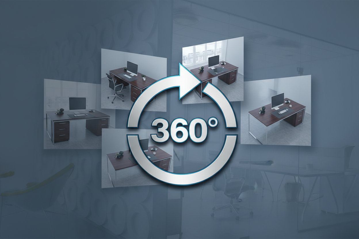 360 product view logo with images of desk in different angles behind