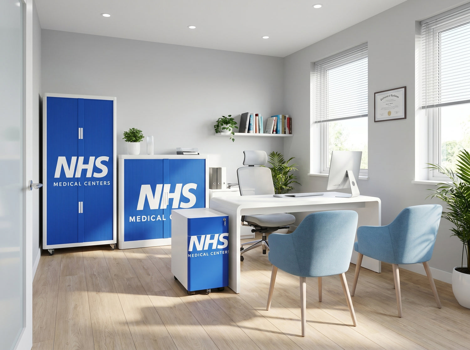 NHS Medical Centre office interior with desks, chairs, and cabinets.