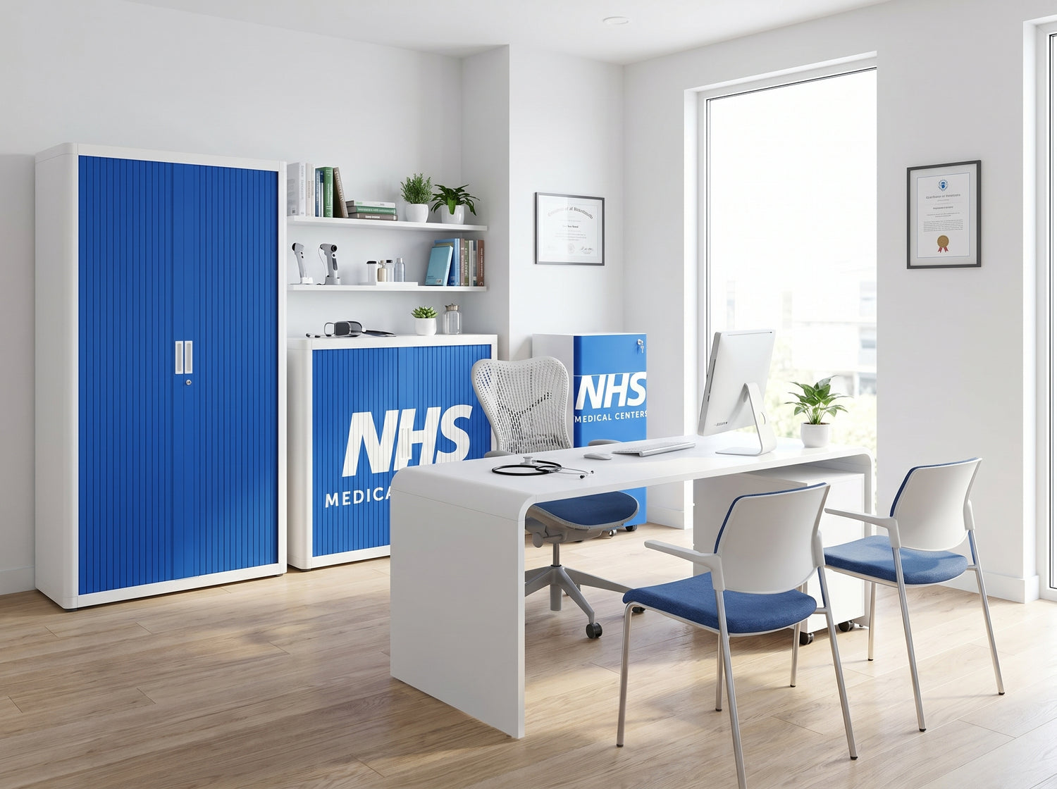 Modern doctor and admin surgery office space with blue and white furniture featuring NHS branding.