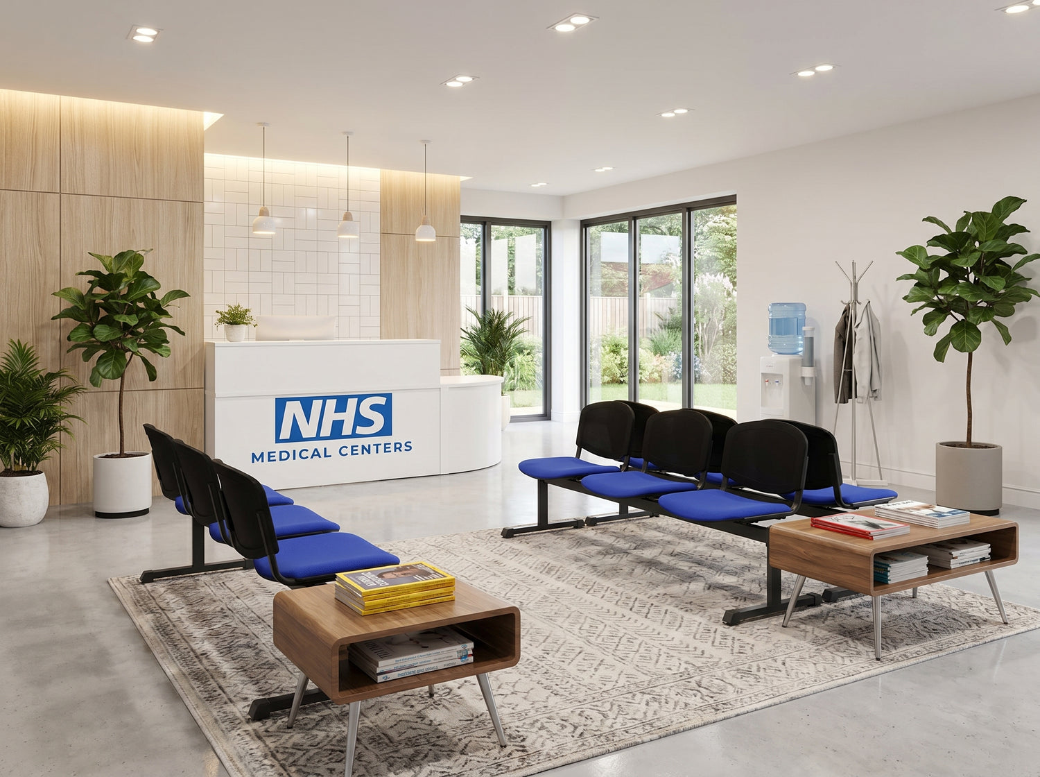 NHS Medical Centers waiting room with chairs, tables, and plants.