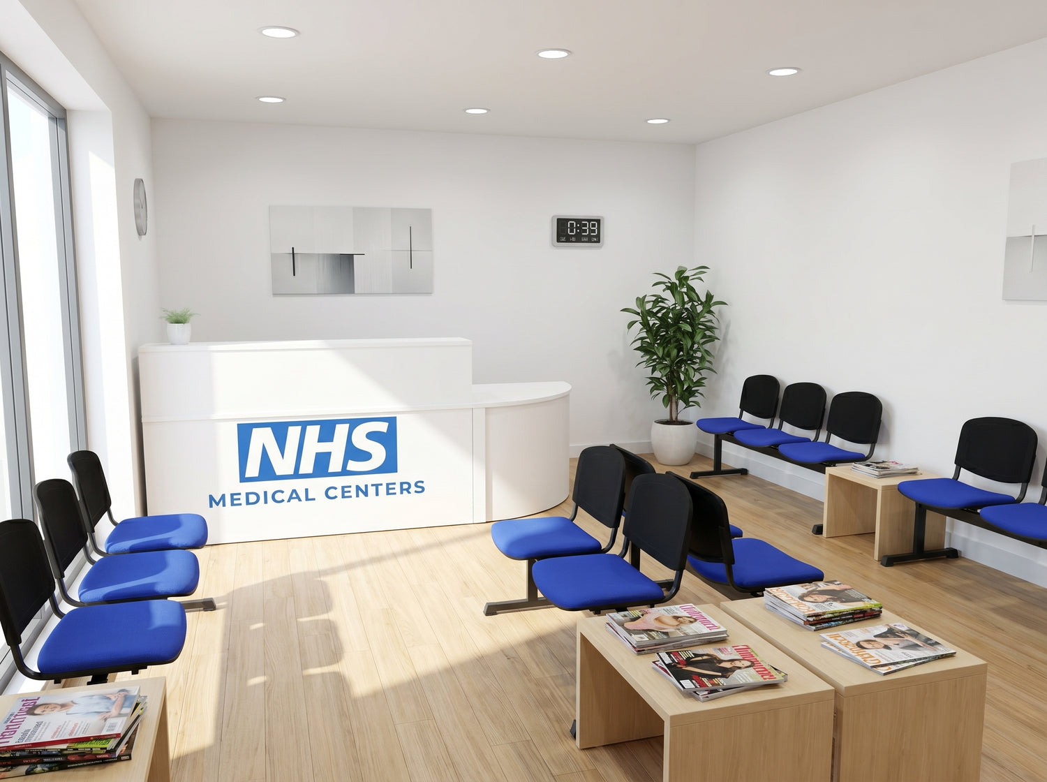 NHS medical center waiting room with blue chairs and magazines.