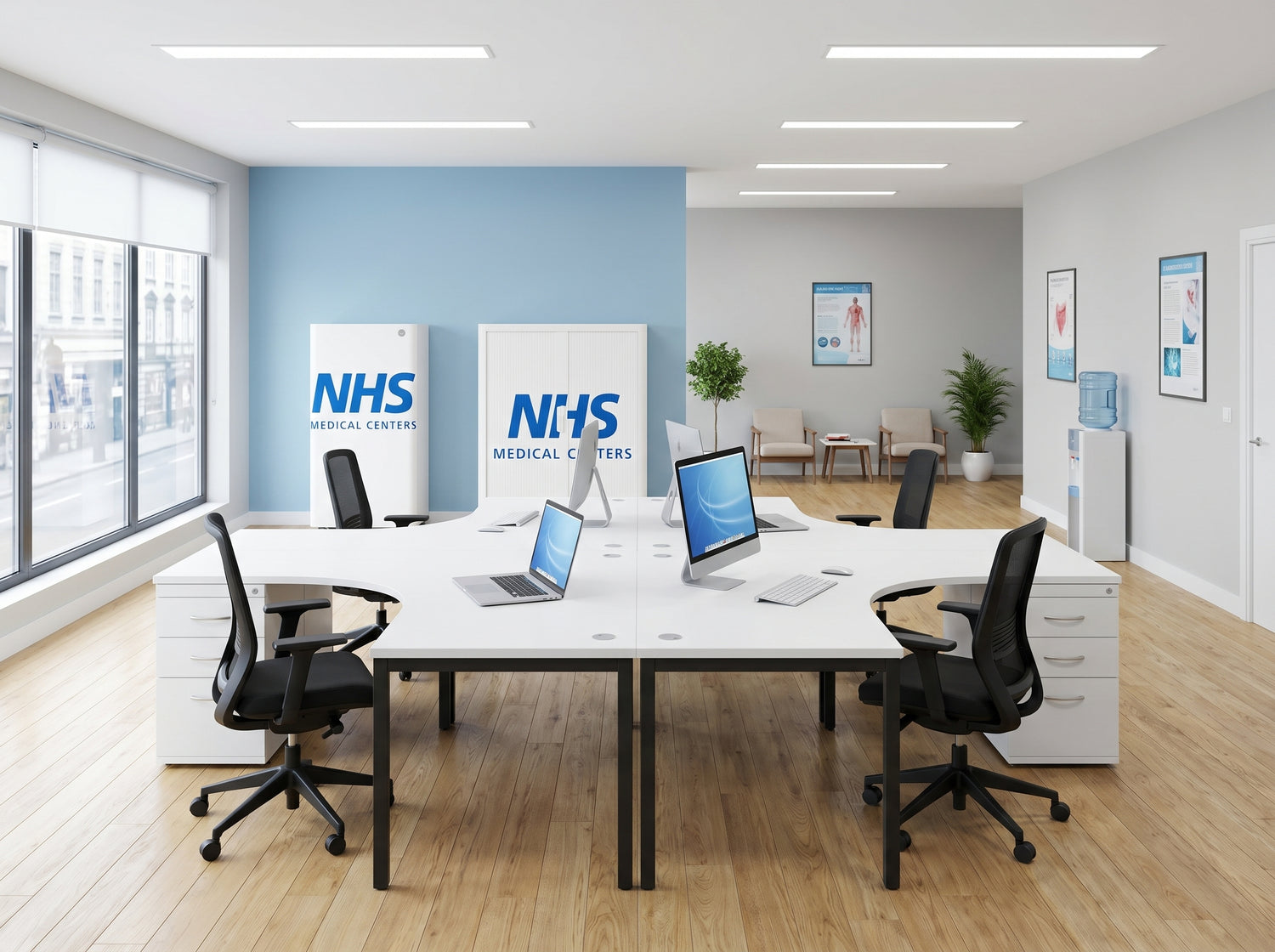 Modern office space with desks, chairs, and NHS Medical Centers branding.