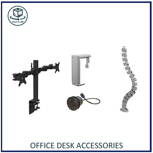 Collection of office desk accessories including a monitor stand, cable management s
