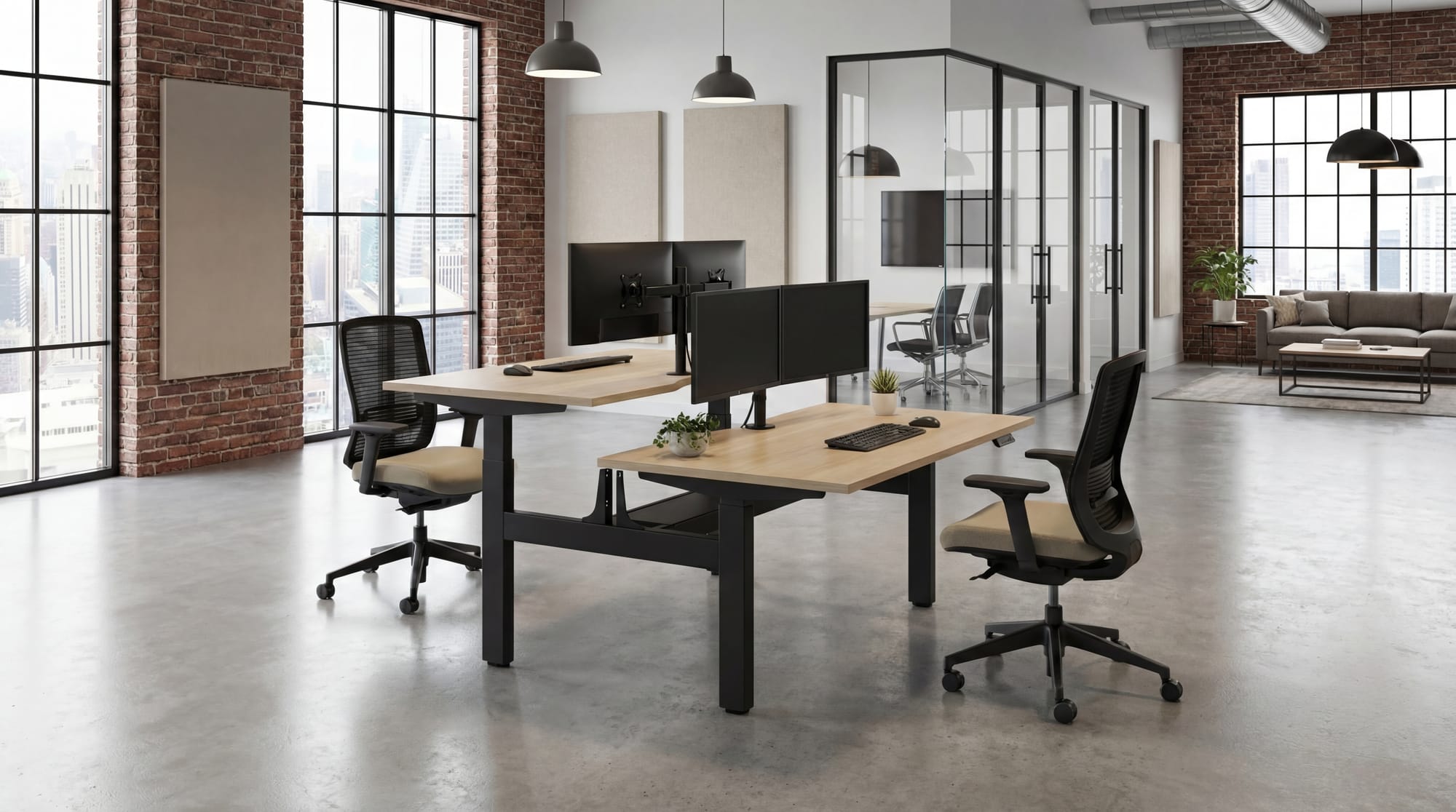 Modern office setup with a desk, chairs, and multiple monitors.