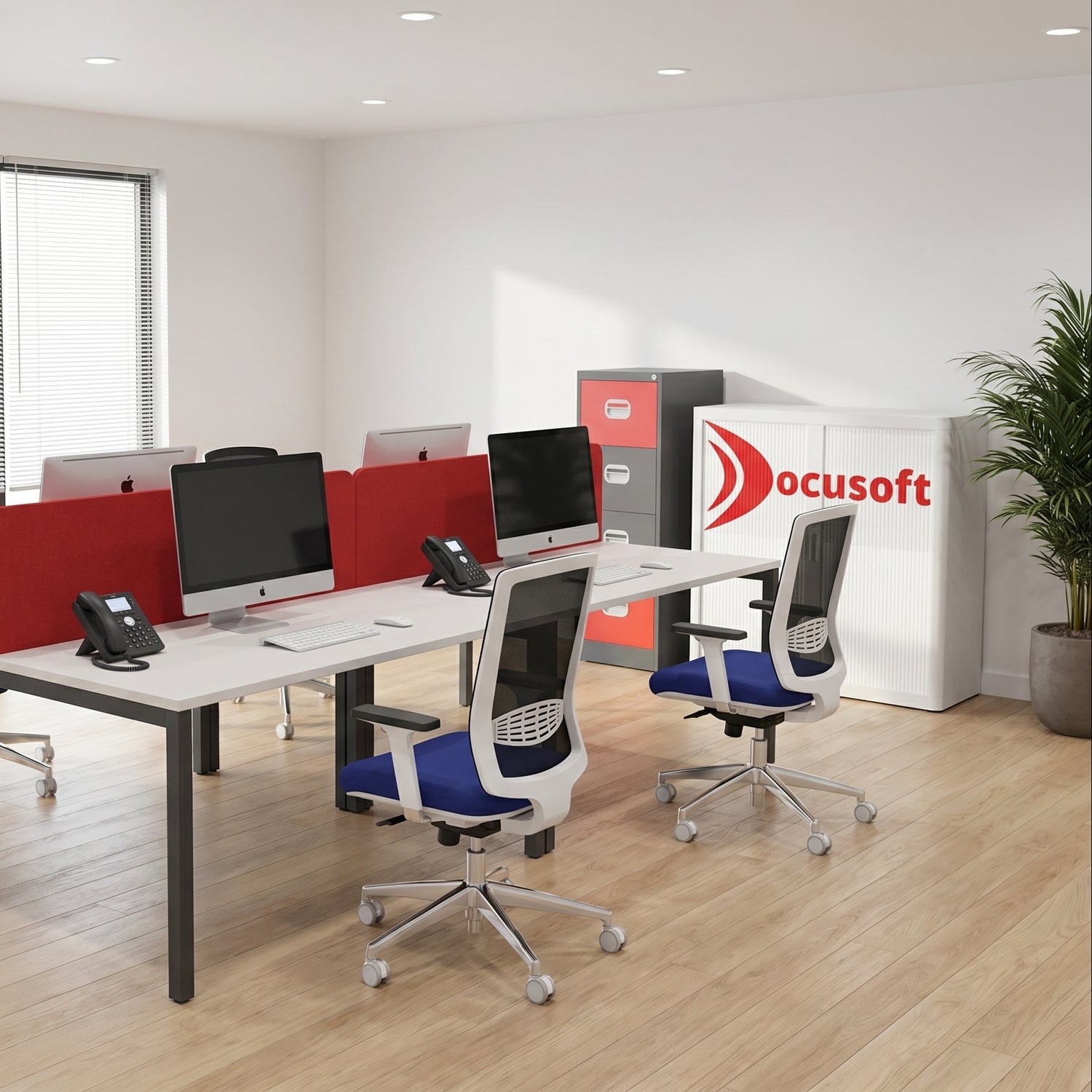 Modern office setup with desks, chairs, and Docusoft branding.