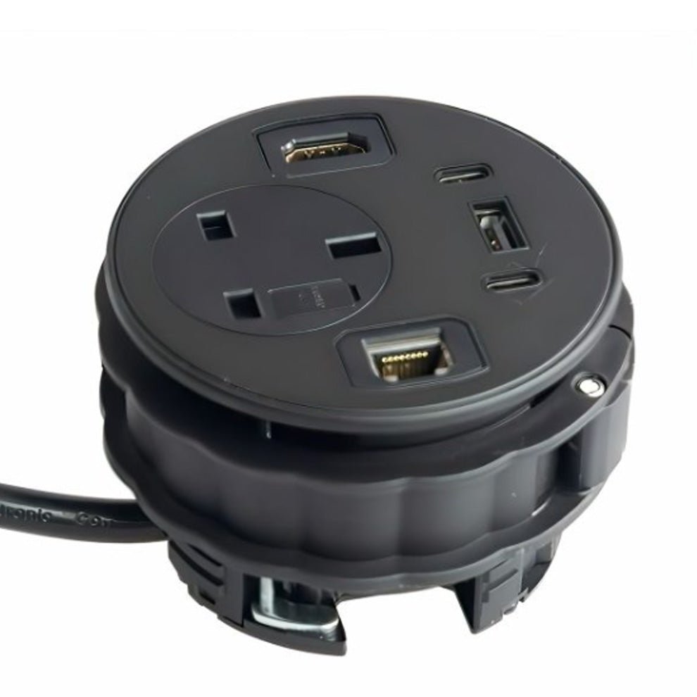 80 mm Desk Power Grommett Module Round 3 Pin plug & USB A & C