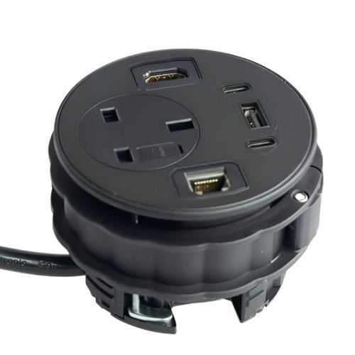 80 mm Desk Power Grommett Module Round 3 Pin plug & USB A & C