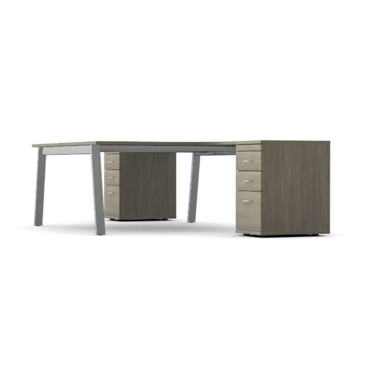 Switch 2 Person Office Crescent Scallop Desk A Frame and High Pedestal 