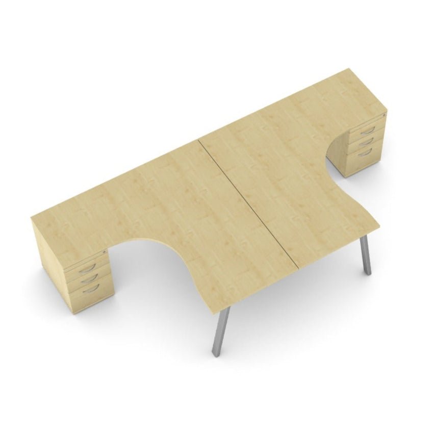 Switch 2 Person Office Crescent Scallop Desk A Frame and High Pedestal 