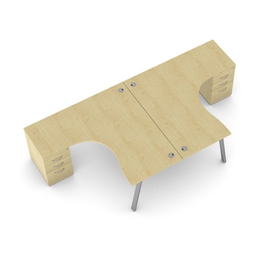 Switch 2 Person Office Crescent Scallop Desk A Frame and High Pedestal 