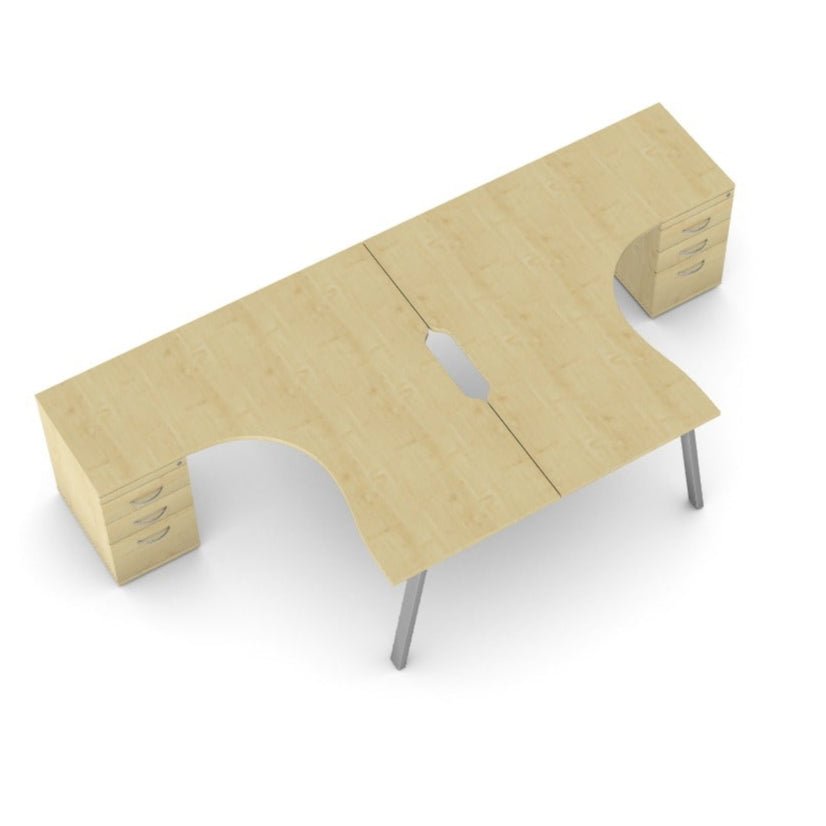 Switch 2 Person Office Crescent Scallop Desk A Frame and High Pedestal 