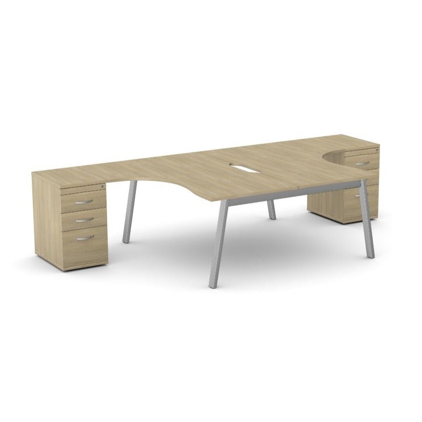 Switch 2 Person Office Crescent Scallop Desk A Frame and High Pedestal 
