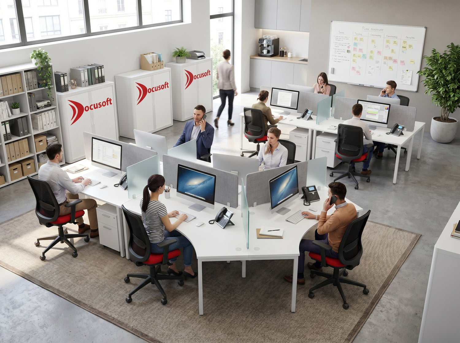 Modern office with employees working at their desks, featuring the DocuSoft logo.