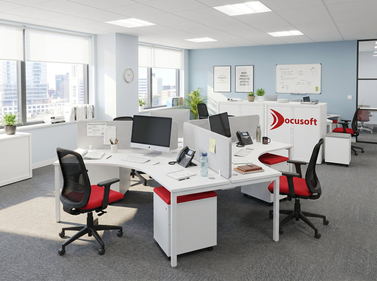 Modern office space with desks, chairs, and Docusoft branding.