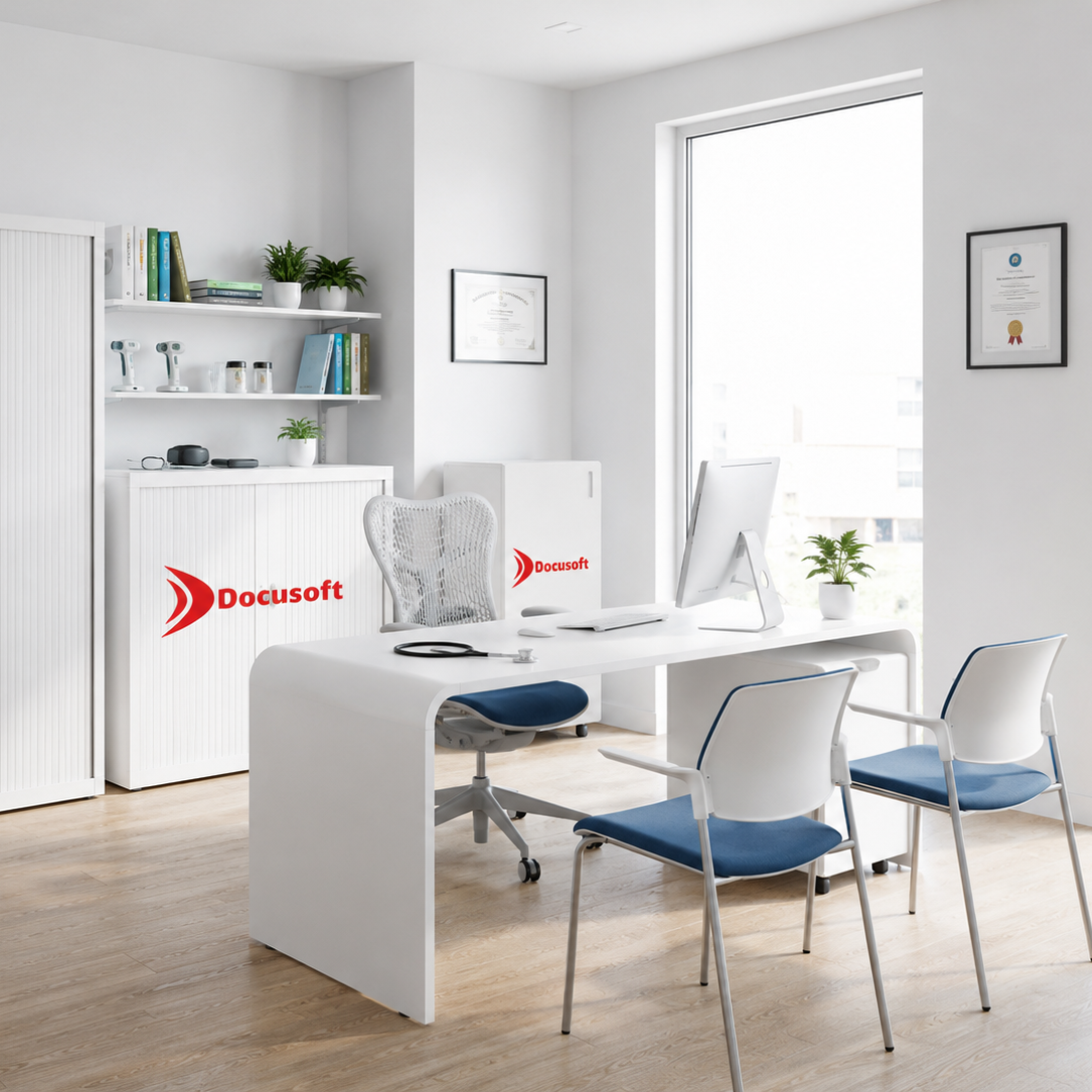 Modern office setup with white furniture, chairs, and a Docusoft logo.