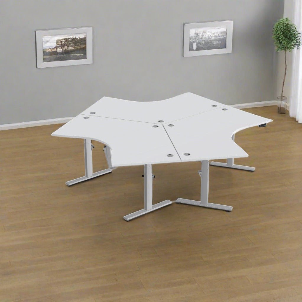 Leap Height Adjustable Trio Cluster 120° DeskThat’s My Office Furniture, 360 Degree View storage, desk, chair