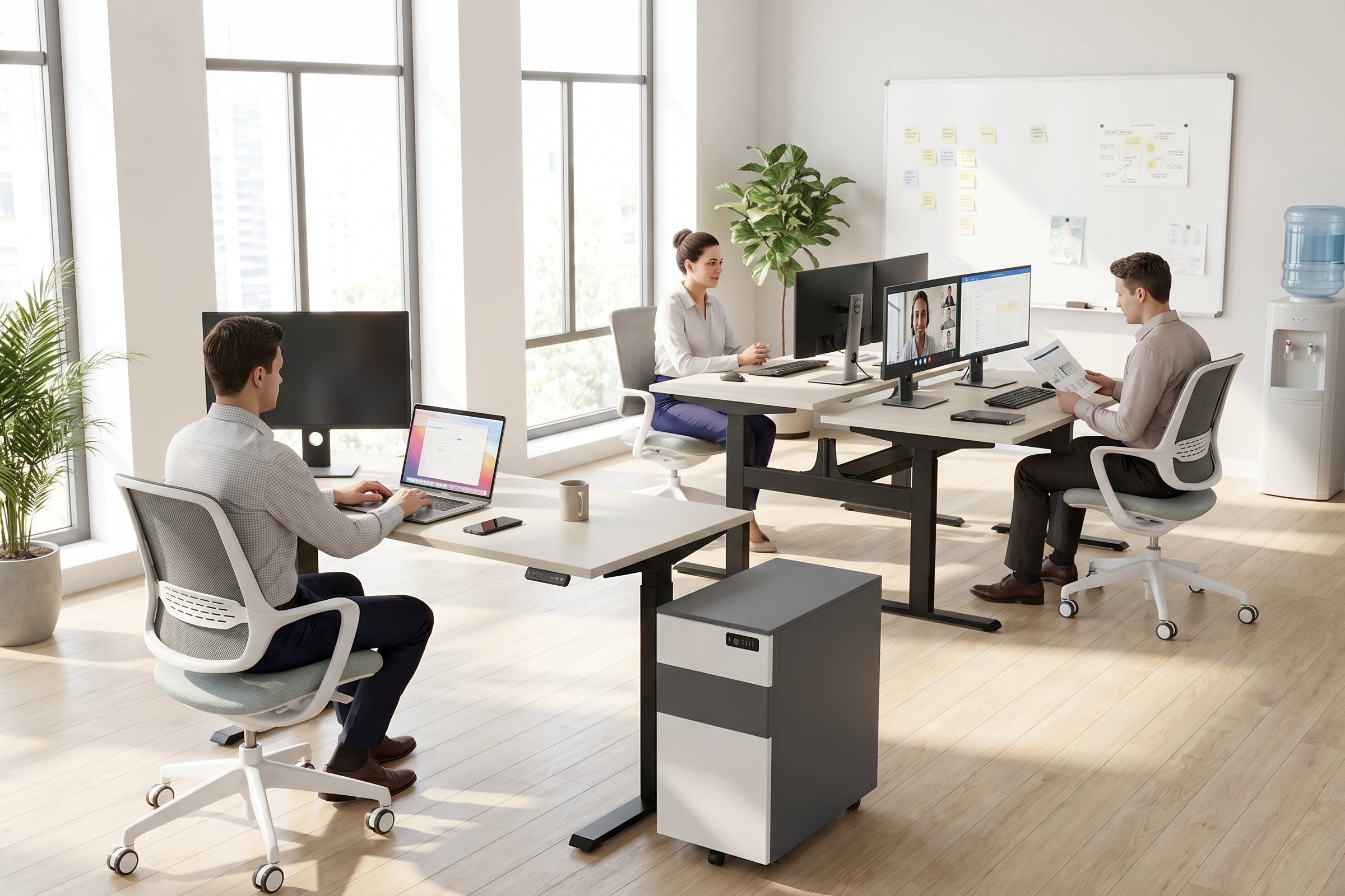 Modern office with employees working at desks with computers and chairs.