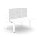 A white desk with a light gray fabric panel divider behind it, shown on a clean white background.