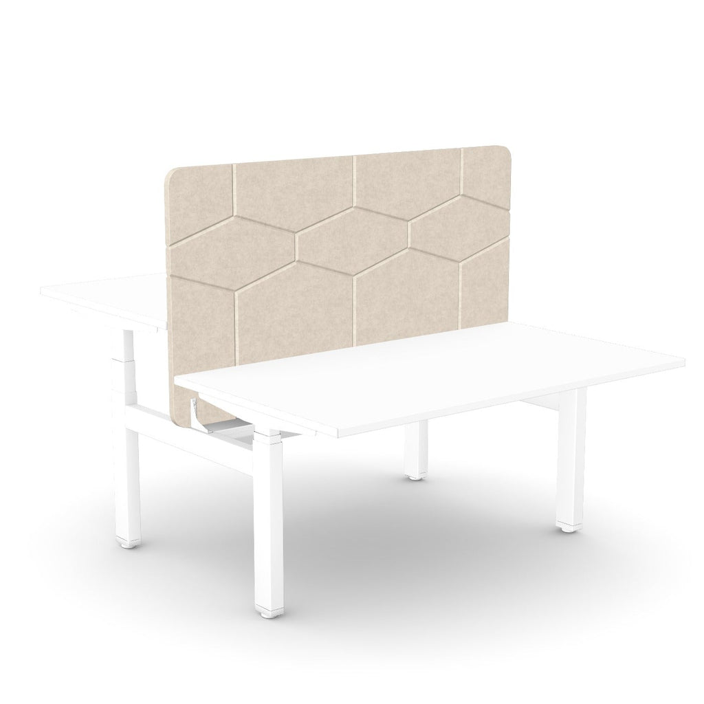 A white desk with a hexagonal beige fabric panel on the back, shown on a clean white background.