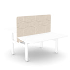 A white desk with a hexagonal beige fabric panel on the back, shown on a clean white background.