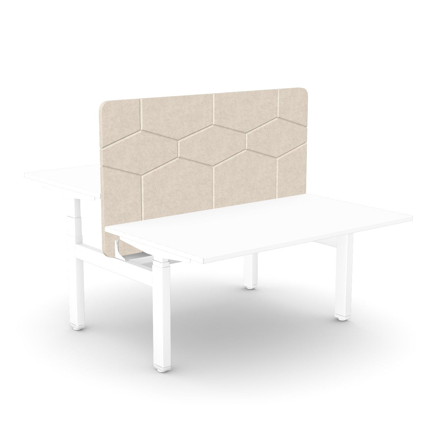 A white desk with a hexagonal beige fabric panel on the back, shown on a clean white background.