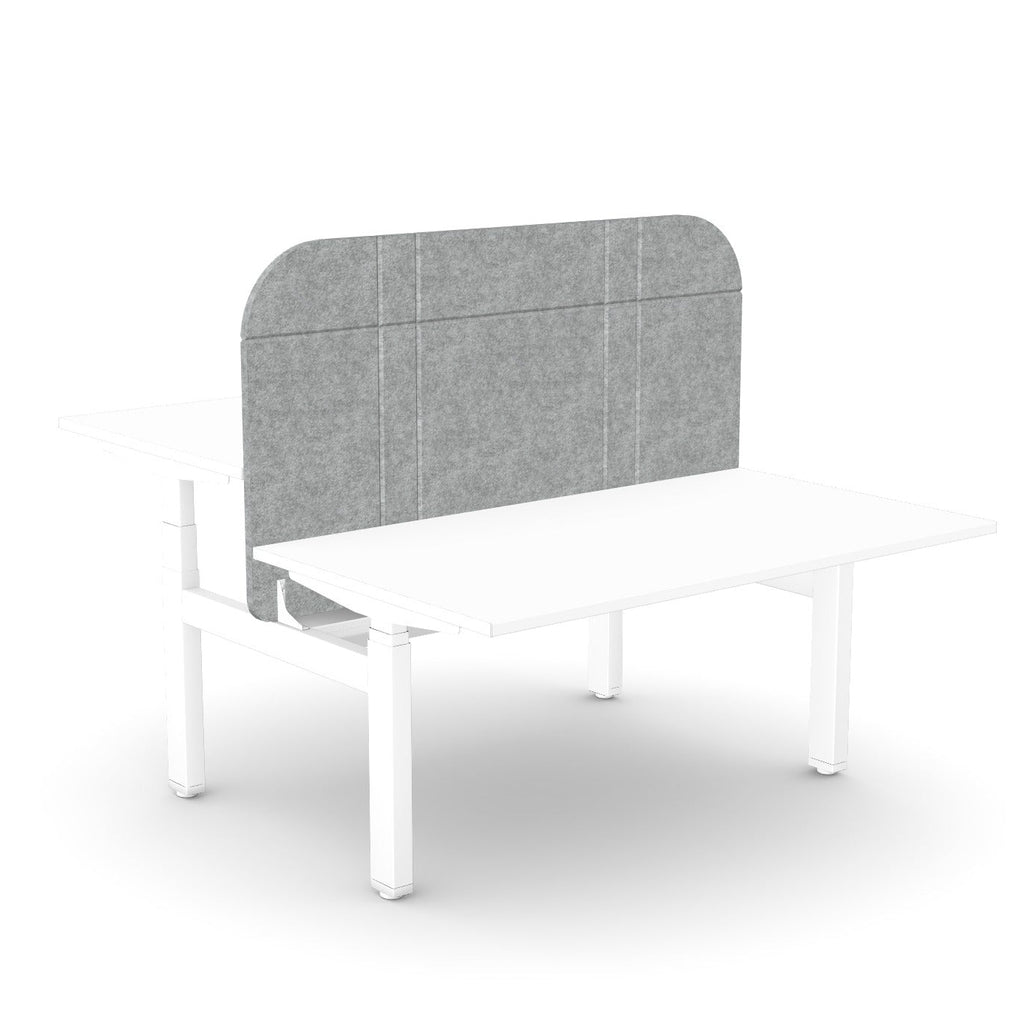 A white desk with a gray fabric panel backrest, shown on a clean white background.