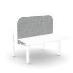 A white desk with a gray fabric panel backrest, shown on a clean white background.