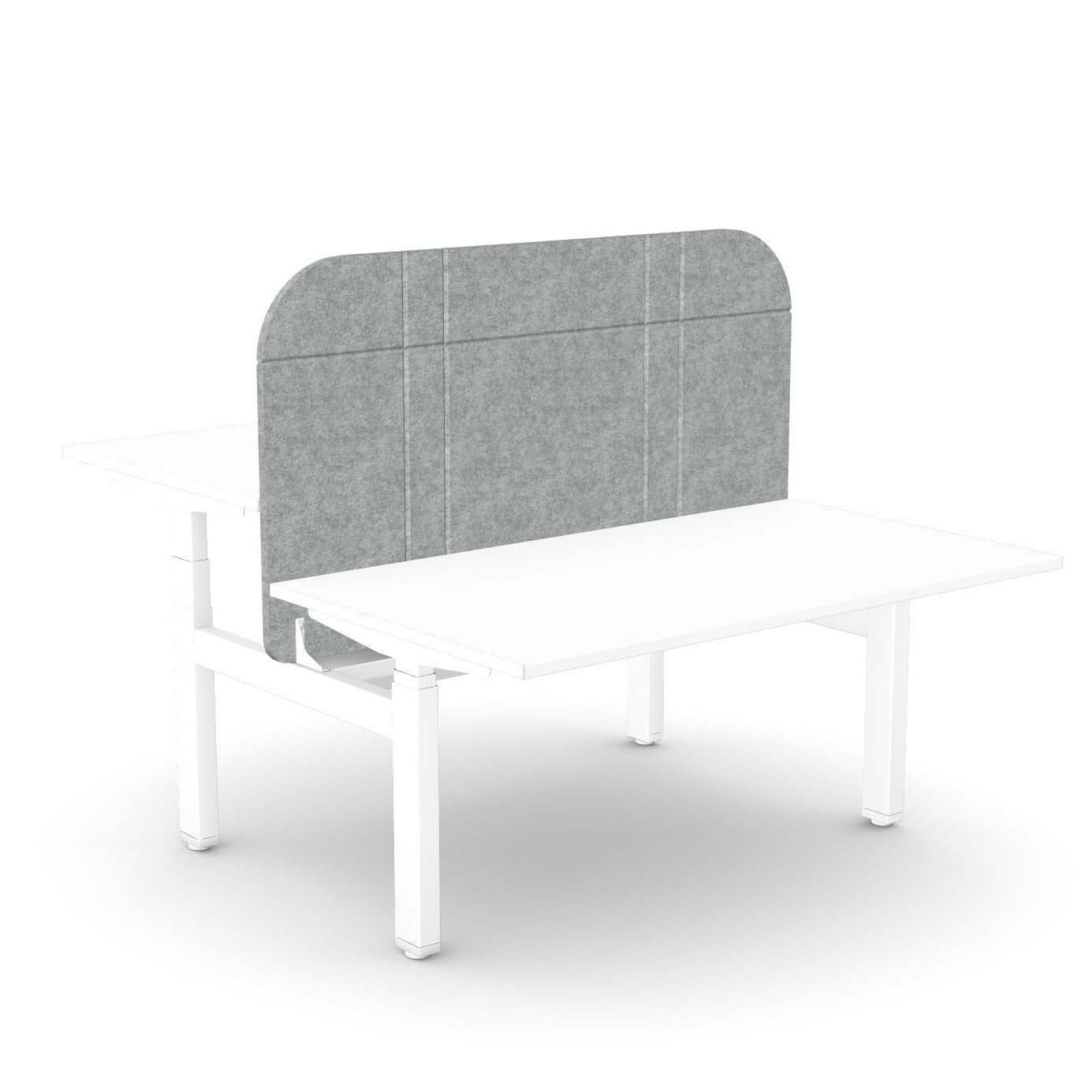 A white desk with a gray fabric panel backrest, shown on a clean white background.