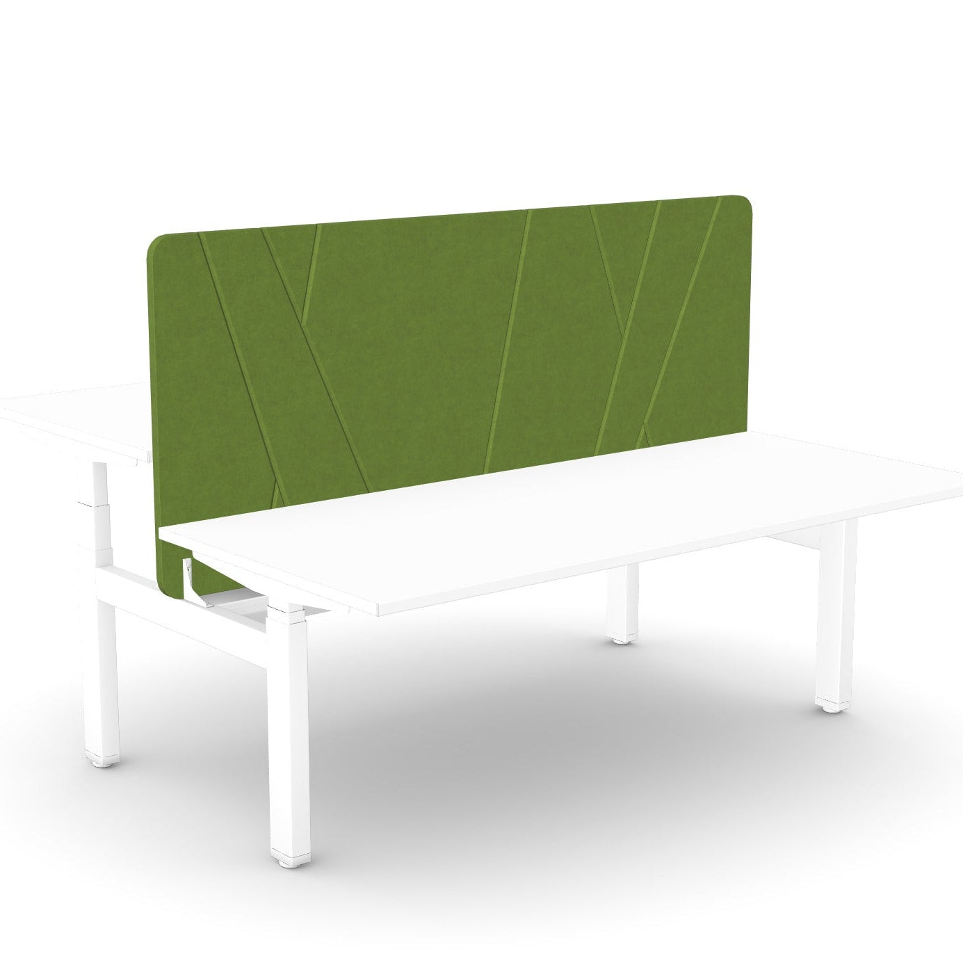 A modern white office desk with a built-in green upholstered backrest panel, shown on a clean white background.