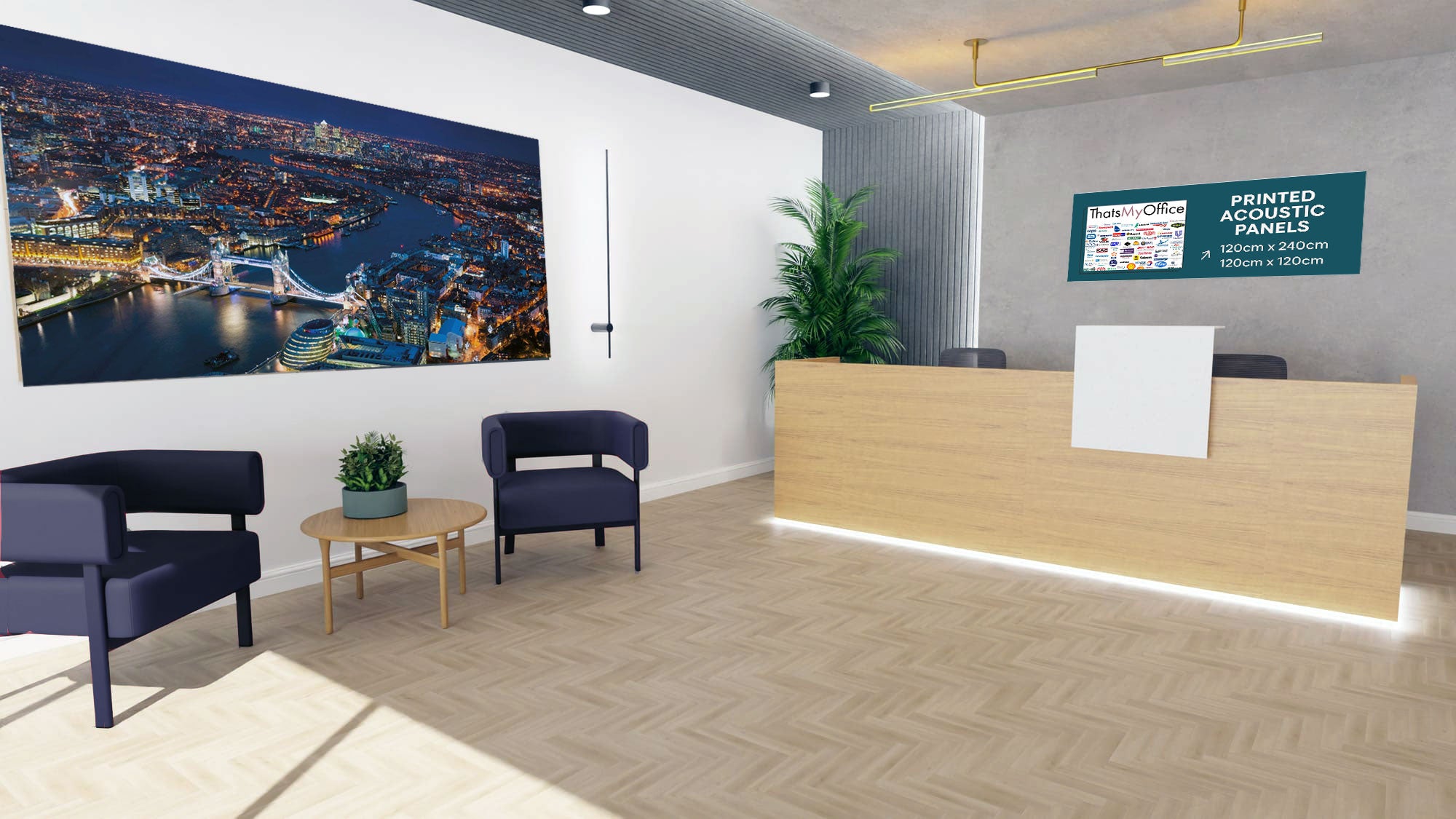 Modern office reception area with a large screen displaying a cityscape.