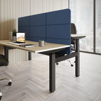 Modern office desk setup with a chair, computer, and blue partition.