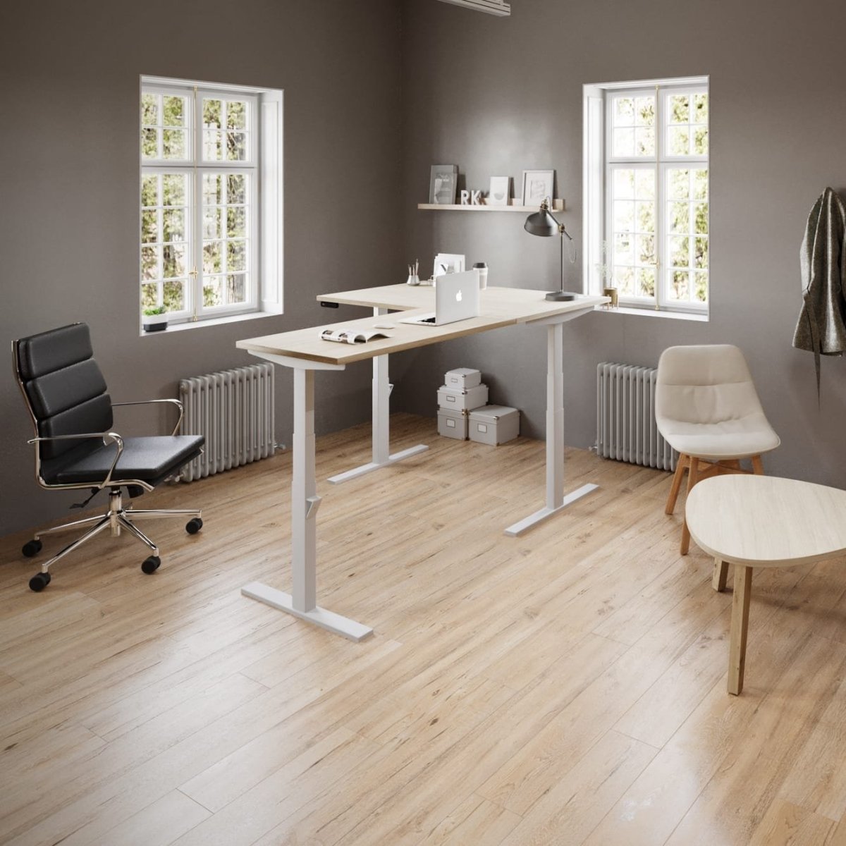 L shape corner height adjustable desk sit standThat’s My Office Furniture, 360 Degree View storage, desk, chair