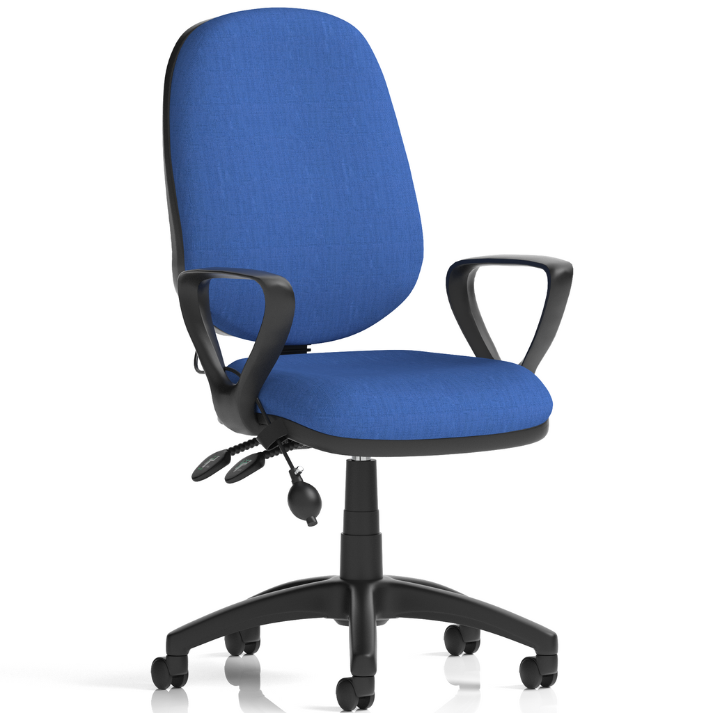 Blue office chair with black frame on a white background
