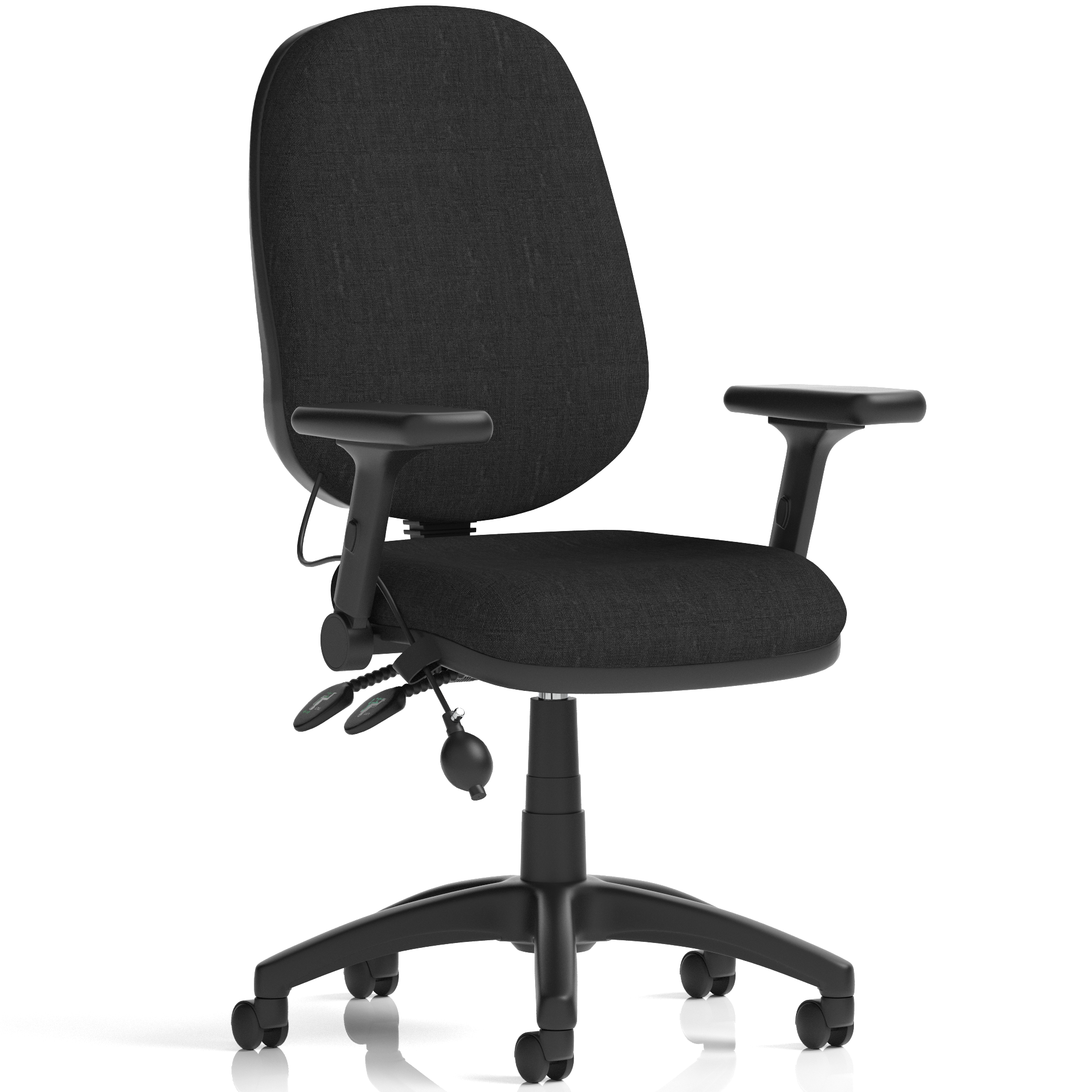 Office chair with black backrest and green seat on a white background