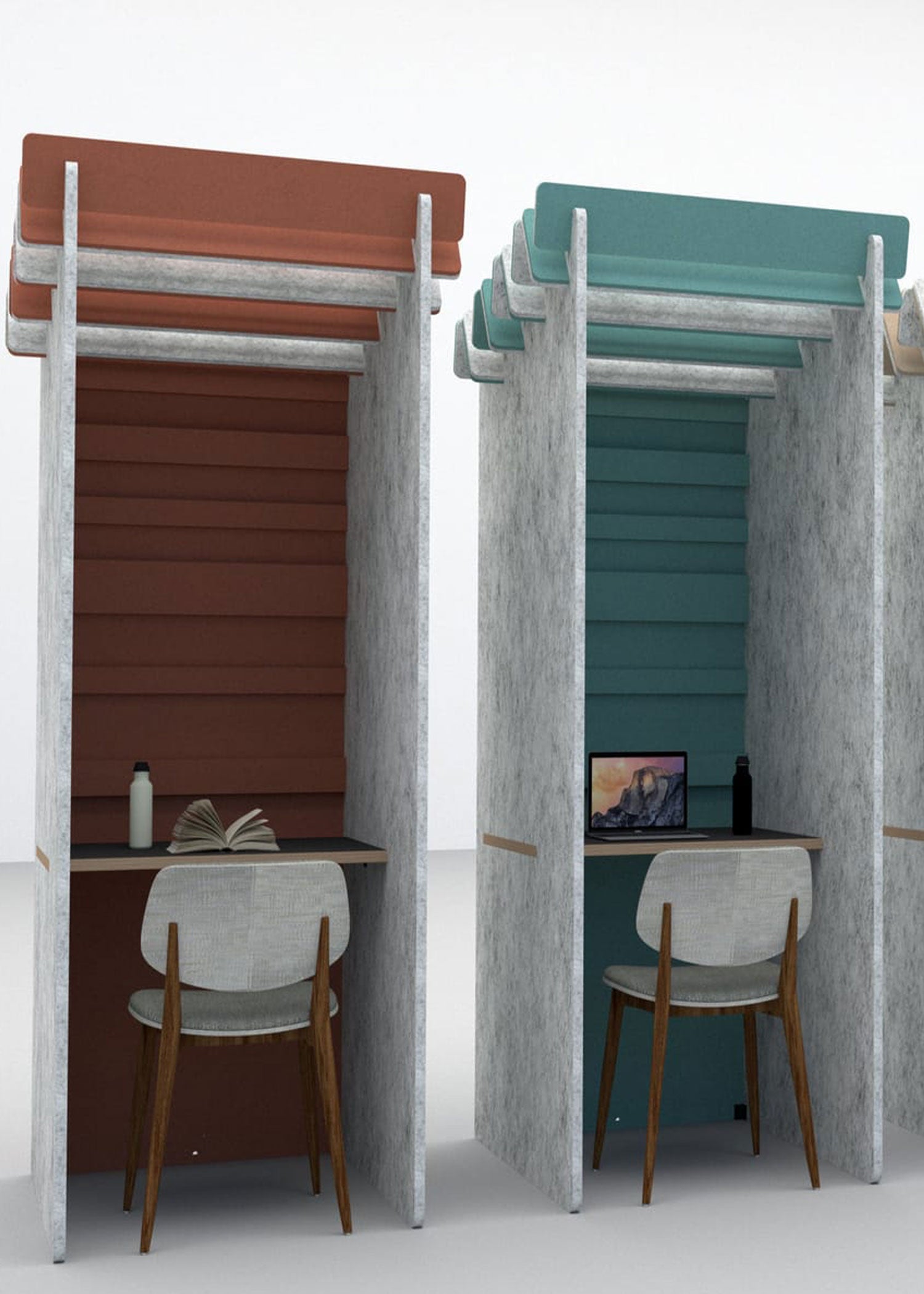 Two small office pods with desks and chairs on a white background