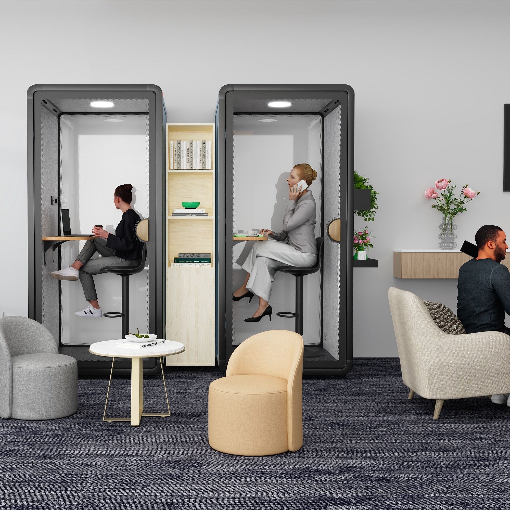 Modern office space with private booths and people working. Phone Booth for Office Affordable Acoustic  POD TMOMDP114