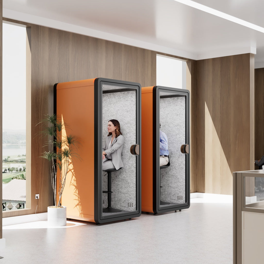 Modern office space with privacy pods and a reception area. Phone Booth for Office Affordable Acoustic  POD TMOMDP114
