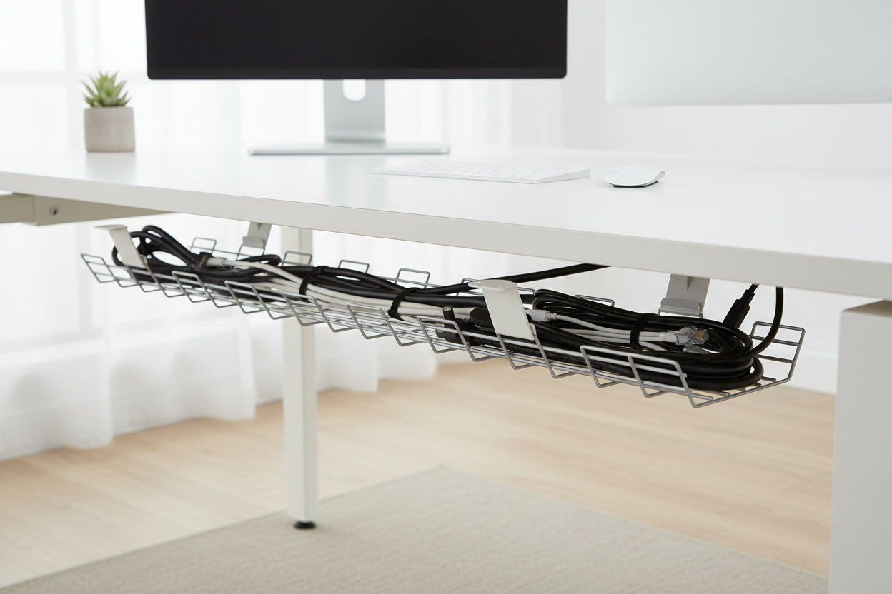 A long, low-profile metal cable tray with integrated mounting clips, shown on a plain white background.