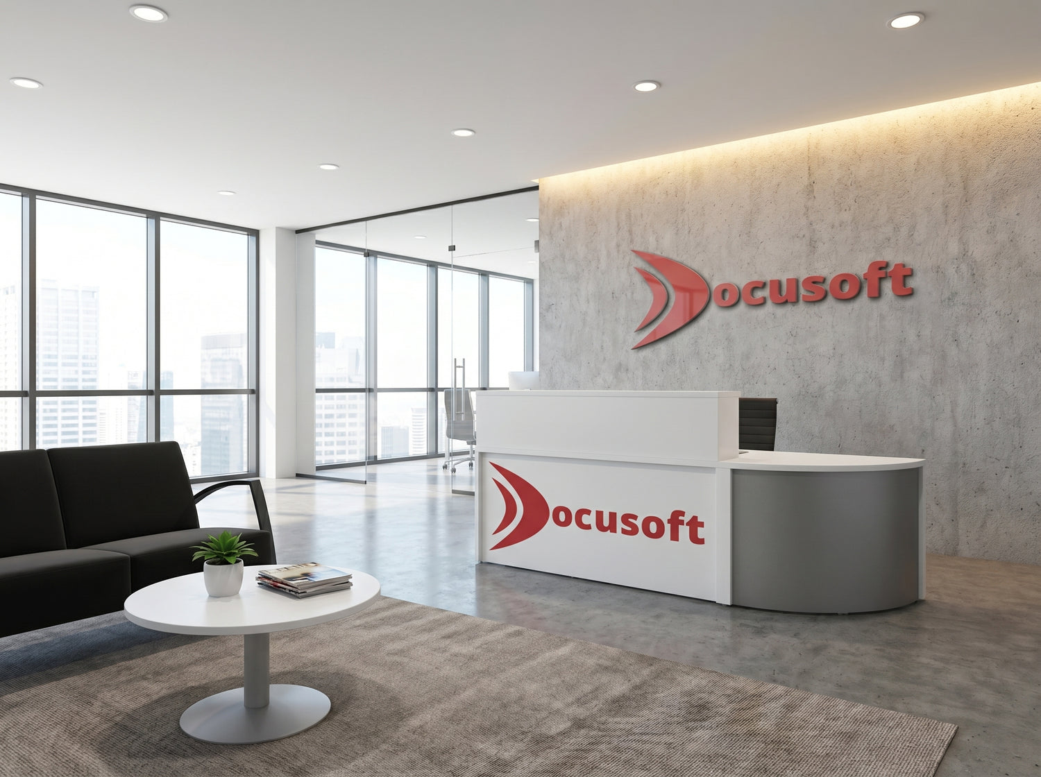 Modern office interior with 'docusoft' branding on a reception desk and wall.