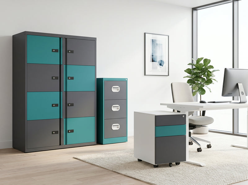Office furniture set with lockers and a desk in a modern office.