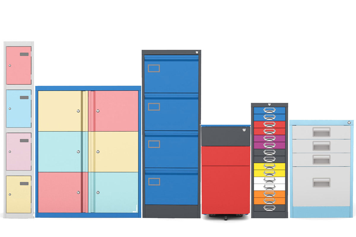 Collection of colorful file cabinets and lockers on a white background