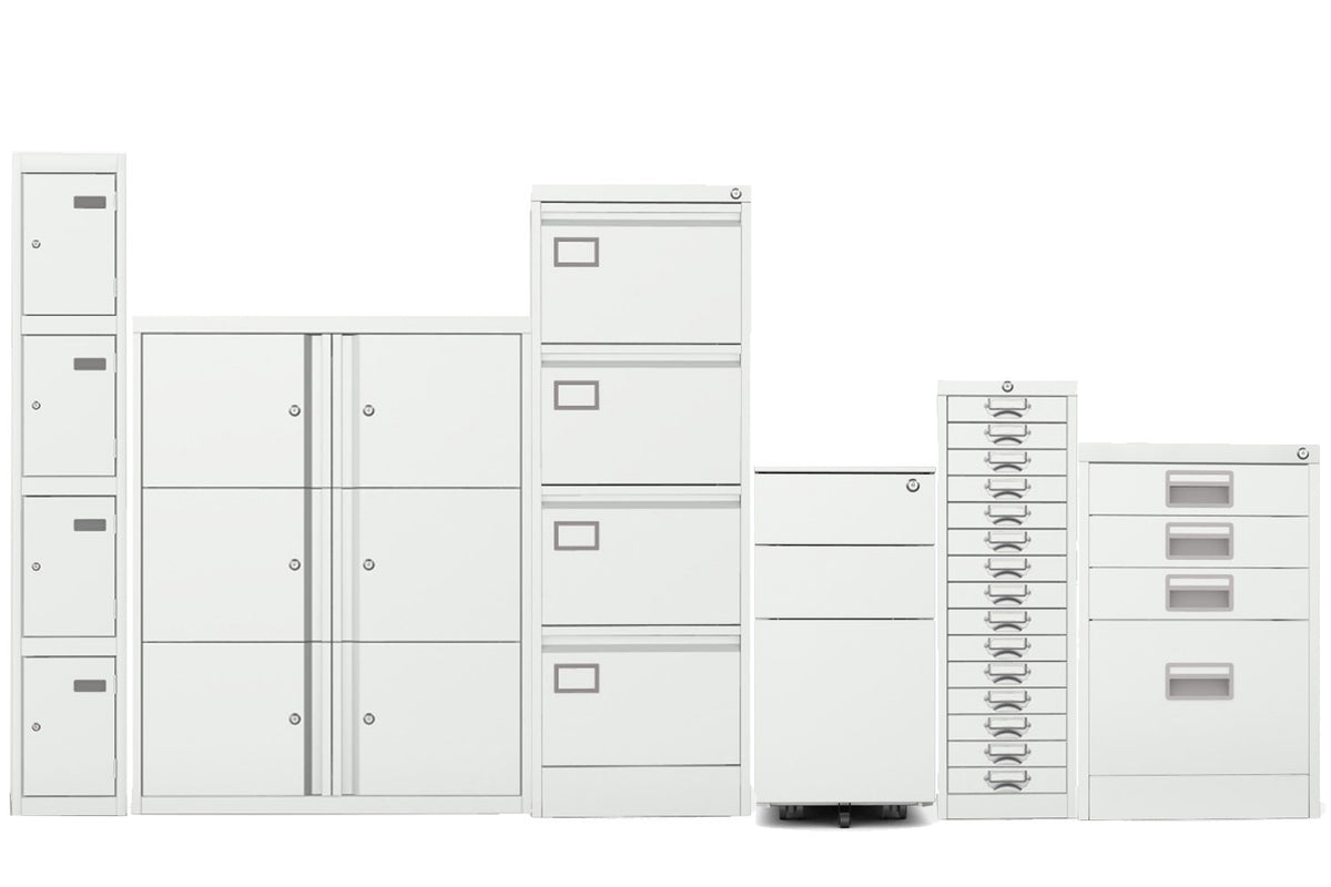 Set ofgrey  office cabinets and lockers on a white background